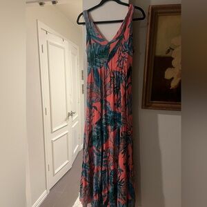 Nicole Miller Coral and Teal Leaf Print Maxi Dress
